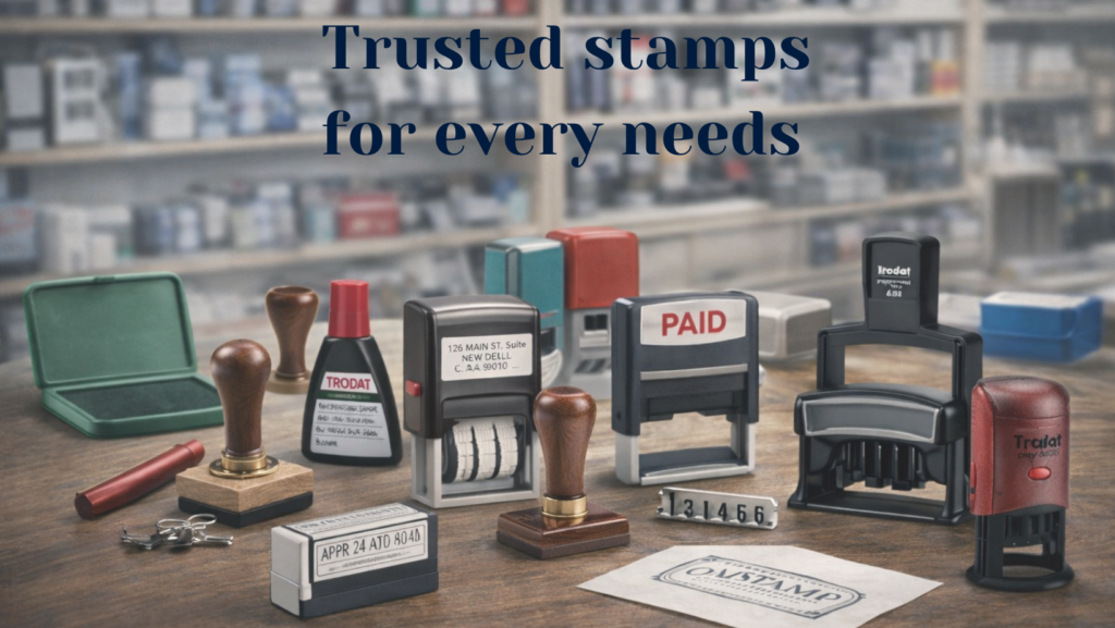 Collection of rubber stamps on a desk showcasing trusted stamps for every need including office, paid, and custom stamps